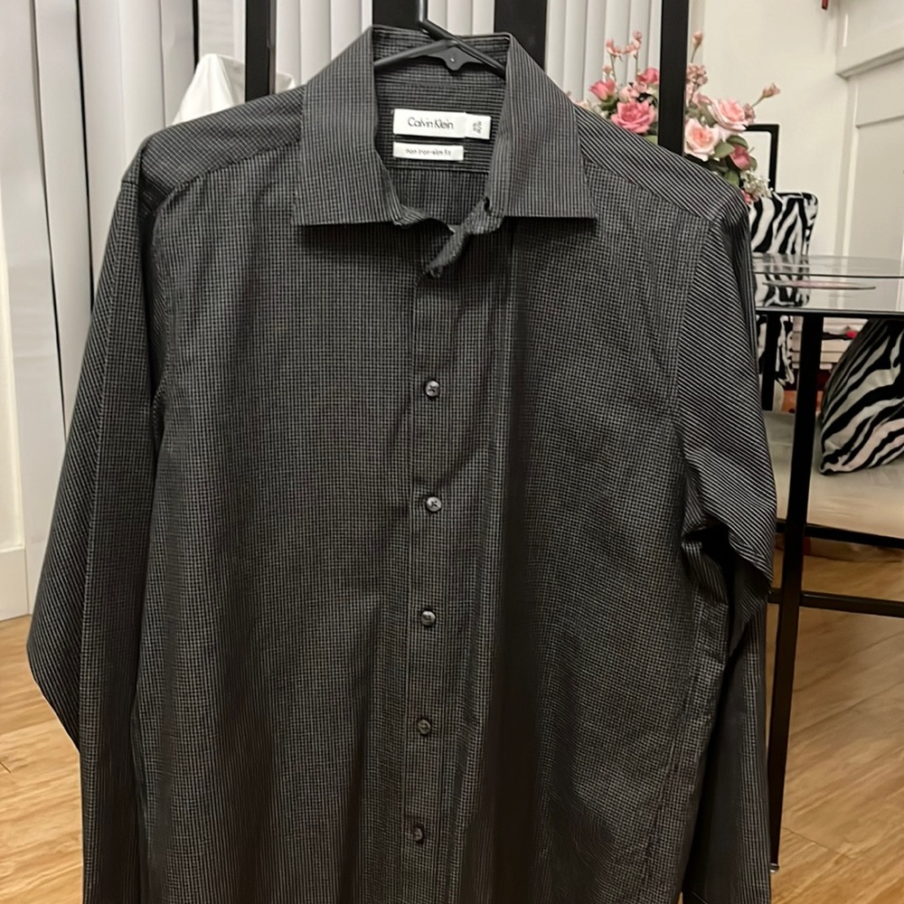 Calvin Klein Black White Slim Fit Square Pattern Dress Shirt